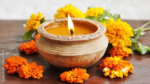 Traditional Diwali Oil Lamp Surrounded by Marigold Flowers