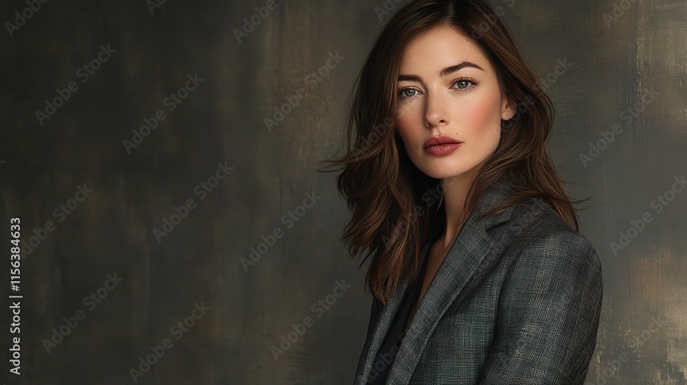 Elegant Female Businesswoman Posing in Tailored Suit Against Neutral Background Elegant Female Businesswoman Posing in Tailored Suit Against Neutral Background