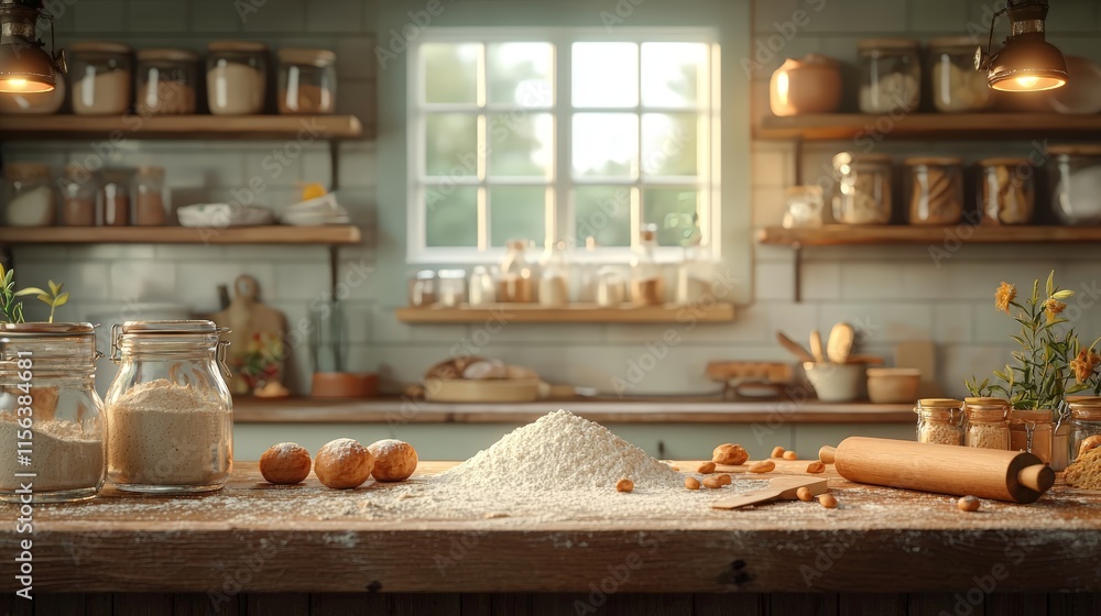 Baking studio, pastry workbench with flour and rolling pins Baking studio, pastry workbench with flour and rolling pins