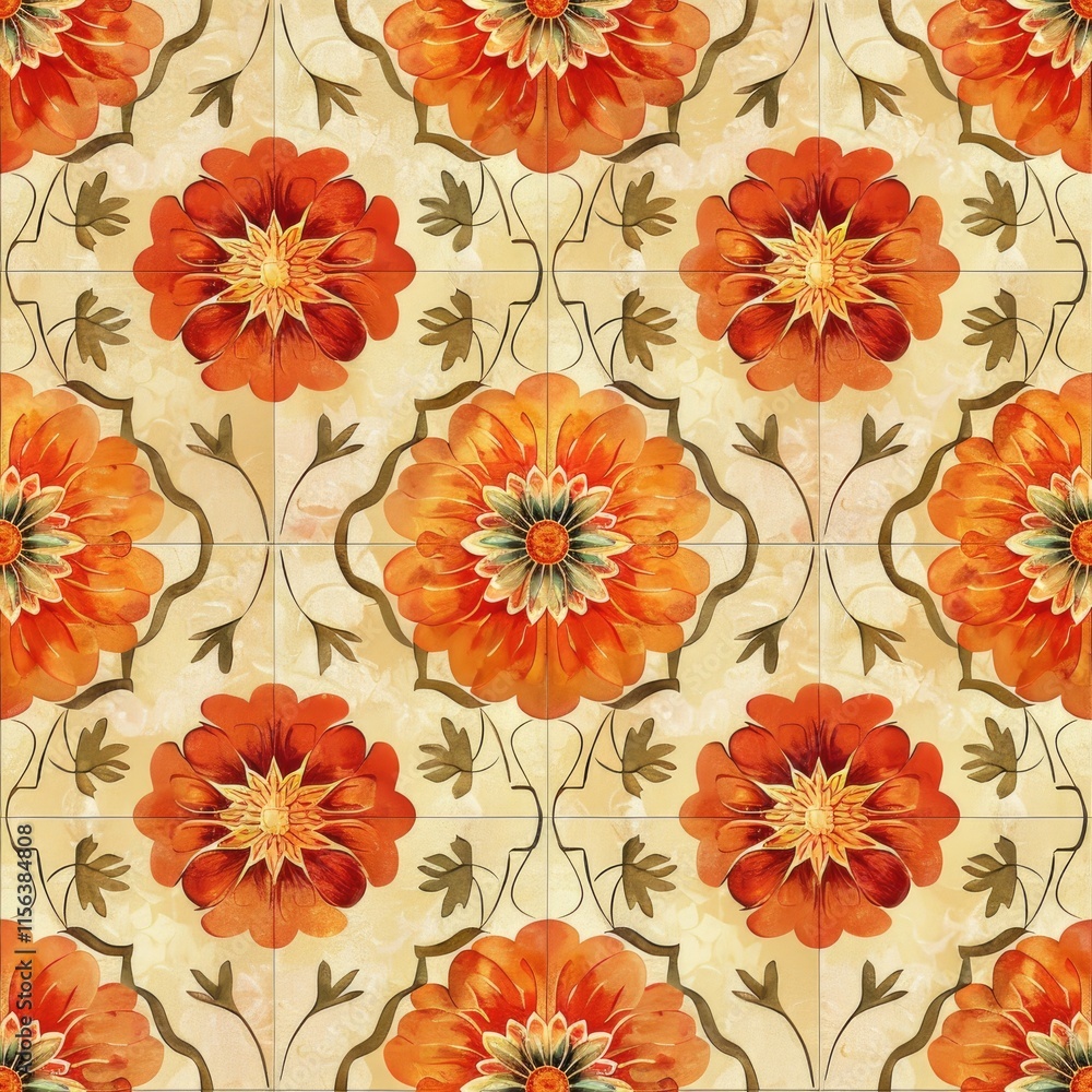 custom made wallpaper toronto digitalA floral pattern featuring vibrant orange flowers and green leaves on a light background.