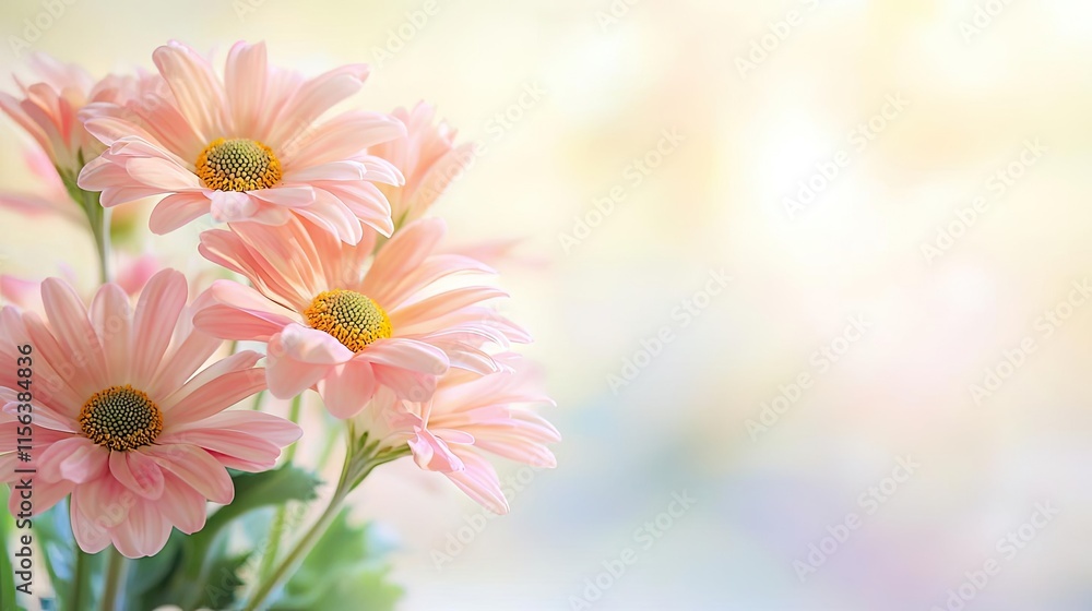 Fototapeta premium Pastel floral concept. A close-up of delicate pink daisies with a soft, dreamy background.