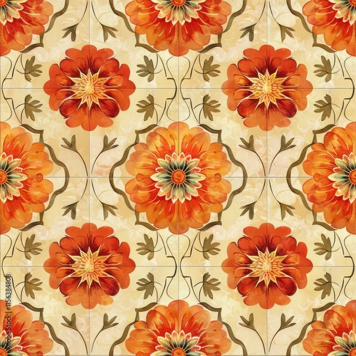 Wallpaper Mural A floral pattern featuring vibrant orange flowers and green leaves on a light background. Torontodigital.ca