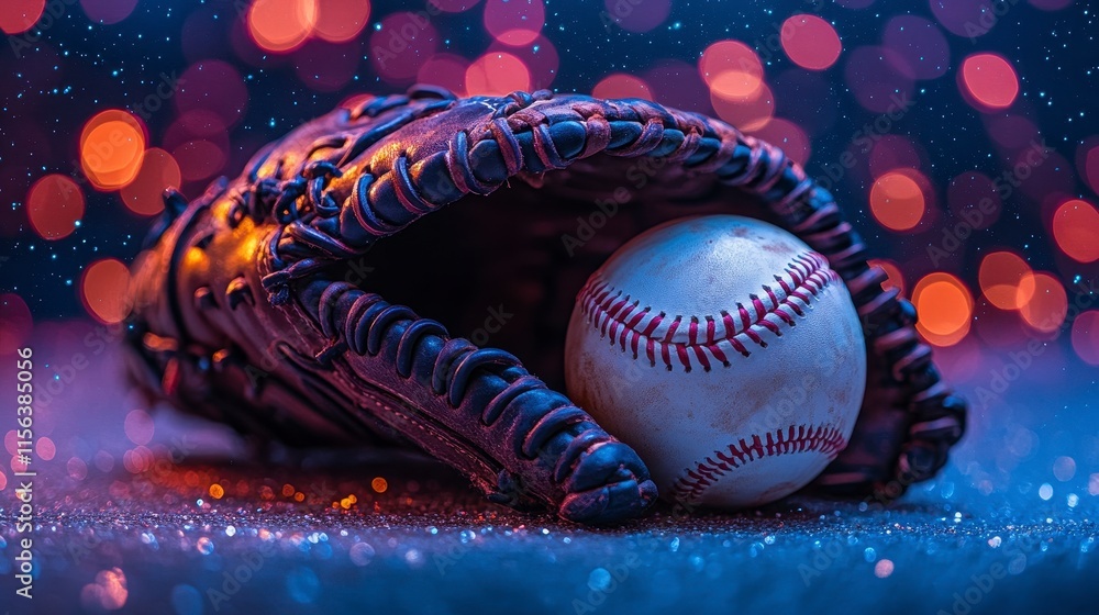 Naklejka premium Baseball in leather glove on sparkling surface.