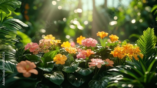 Wallpaper Mural Lush tropical garden with vibrant flowers bathed in sunlight. Torontodigital.ca