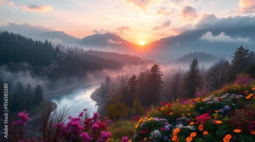 Spring Forest Mountain River in Sunrise