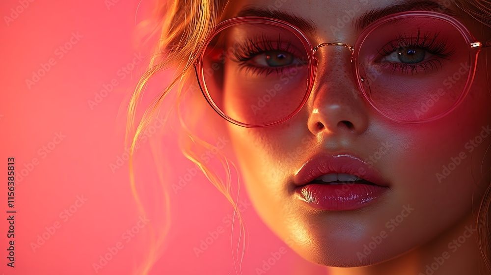 A Closeup Portrait of a Woman Wearing Pink Glasses A Closeup Portrait of a Woman Wearing Pink Glasses
