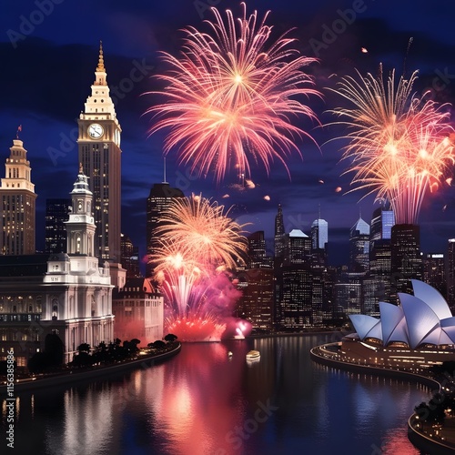 Fireworks Over the City Skyline: A Brilliant Display Above Iconic Landmarks