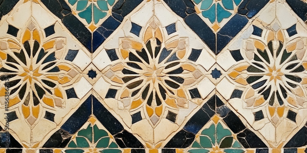 A tile with a pattern of flowers and squares. The flowers are yellow and black. The tiles are arranged in a line A tile with a pattern of flowers and squares. The flowers are yellow and black. The tiles are arranged in a line