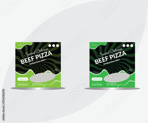 Set of fast food restaurant business marketing social media banner post template. Healthy and fresh party pizza sale online promotion flyer. Food menu, burger or hamburger web poster with logo & icon.