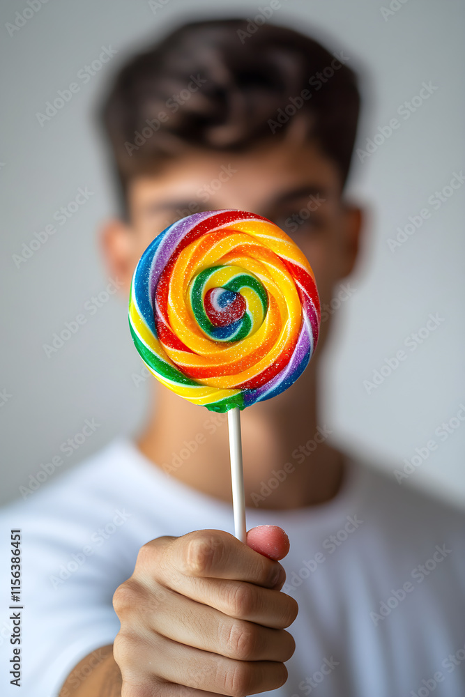 Young Man Sharing Rainbow Spiral Lollipop Against White Background Young Man Sharing Rainbow Spiral Lollipop Against White Background