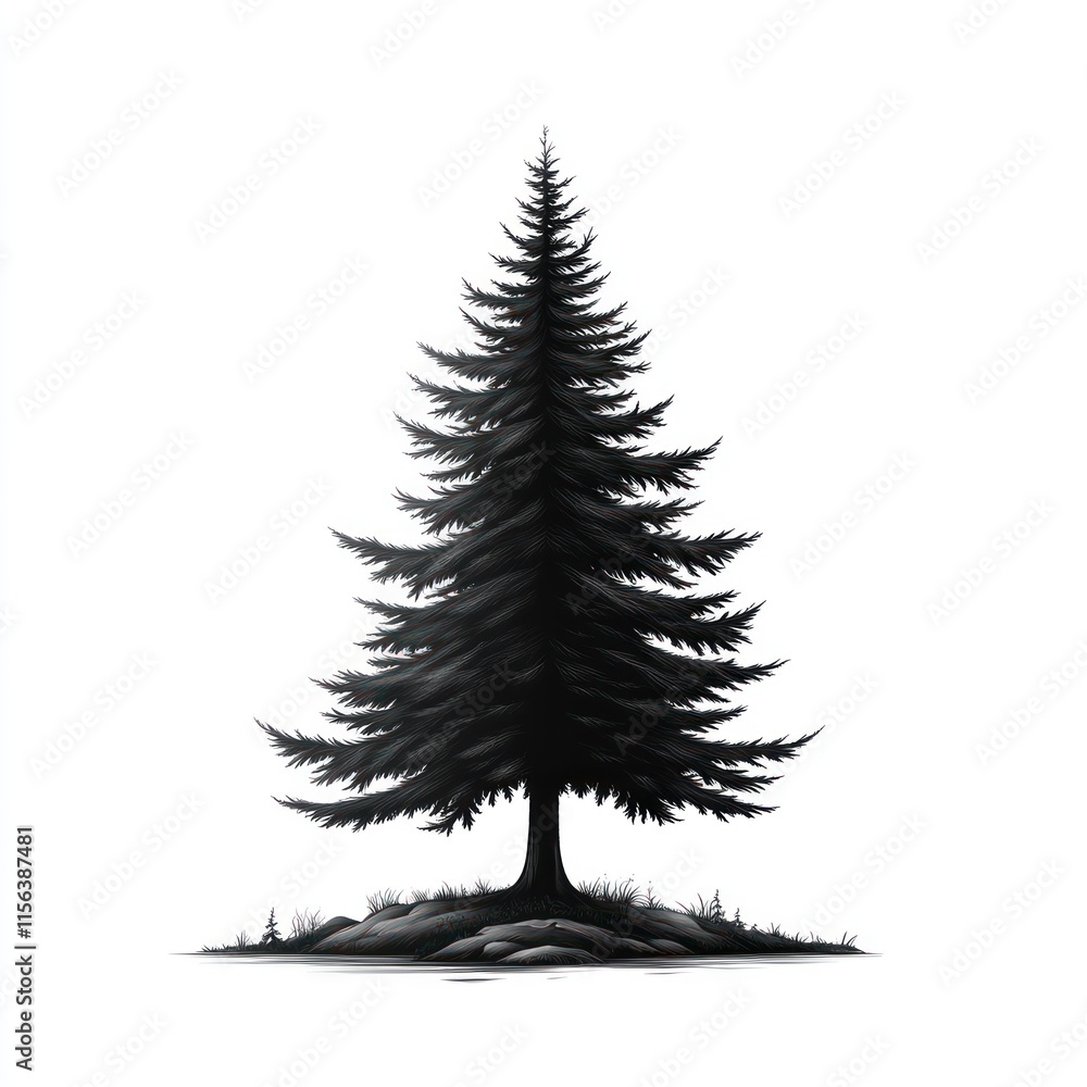 Fototapeta premium Black pine tree, silhouette, isolated on white background.