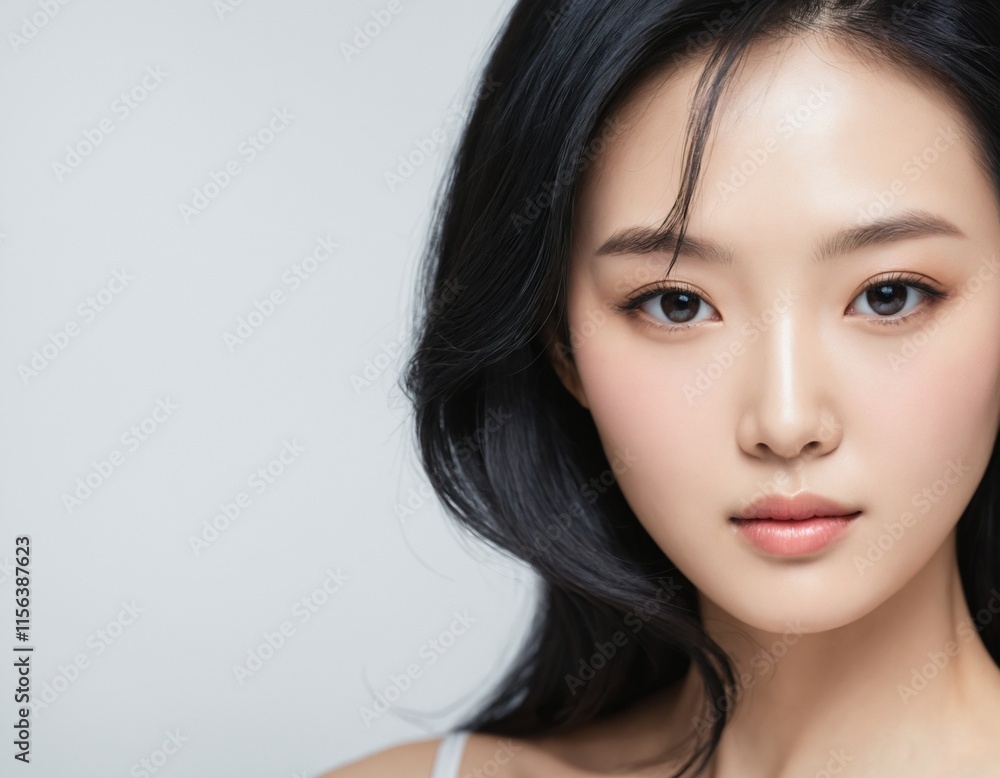 Fototapeta premium Portrait of a beautiful young Asian woman with fresh clean skin and long thick black hair