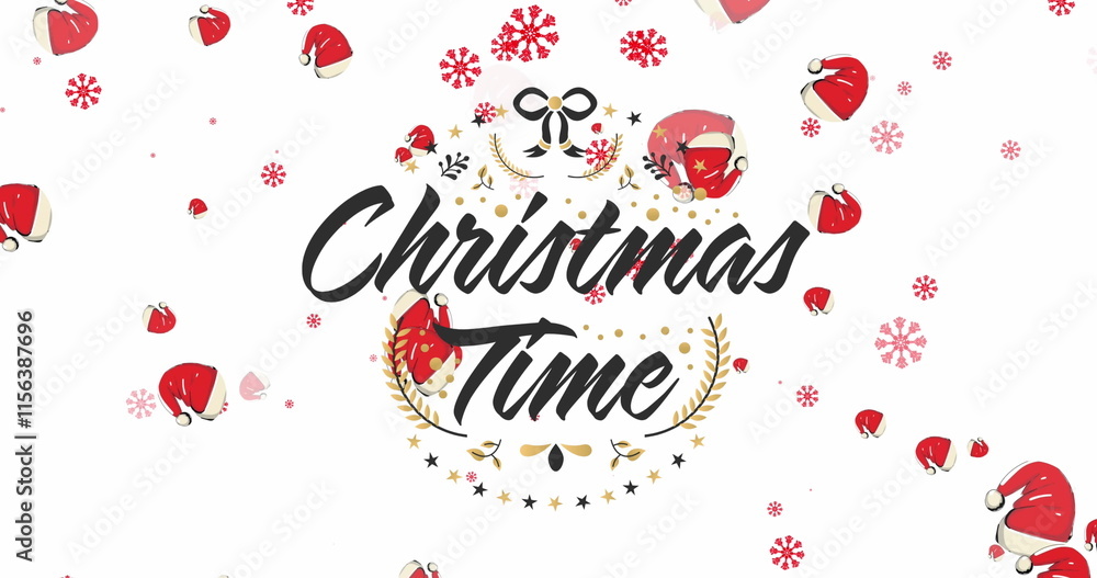 Image of christmas time text with santa hats and snowflakes falling on white background Image of christmas time text with santa hats and snowflakes falling on white background