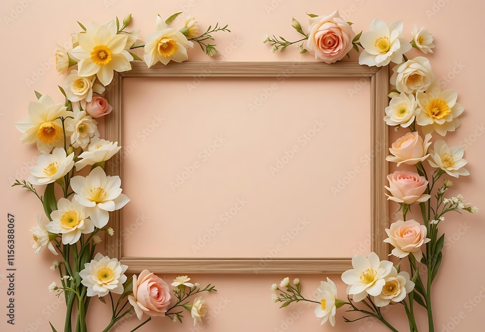 Wooden Frame Adorned With Daffodils And Roses Wooden Frame Adorned With Daffodils And Roses