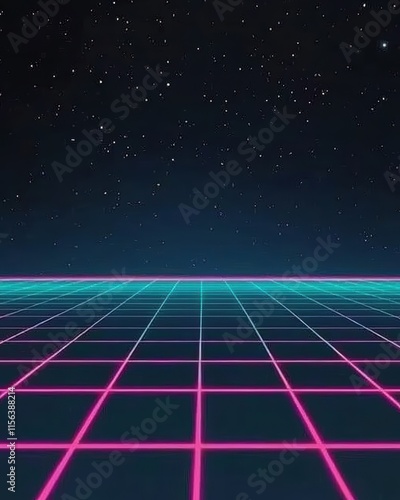 Retro Futuristic Grid Background with Starry Night Sky