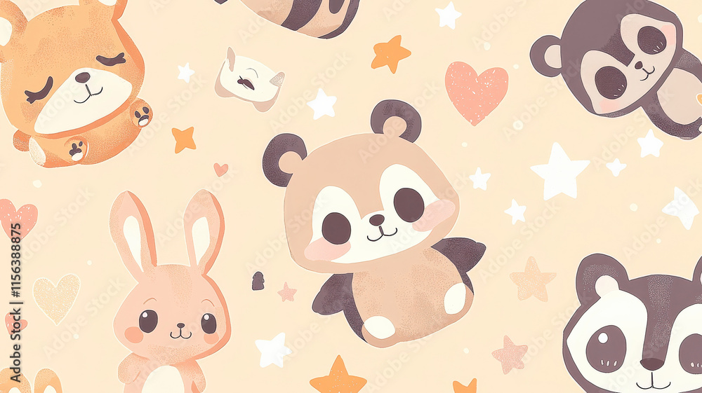 Obraz premium A light peach background features kawaii-style bears, bunnies, and raccoons with oversized eyes, surrounded by cute stars and hearts, creating a warm, cozy vibe perfect for adorable designs.