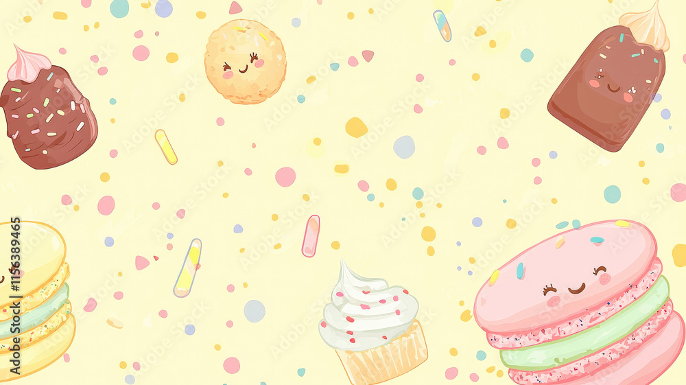 A light yellow background showcases kawaii-style macarons, chocolate truffles, and parfaits with delicate faces, surrounded by soft pastel confetti, ideal for a cute, dessert-inspired design.
A light yellow background showcases kawaii-style macarons, chocolate truffles, and parfaits with delicate faces, surrounded by soft pastel confetti, ideal for a cute, dessert-inspired design.