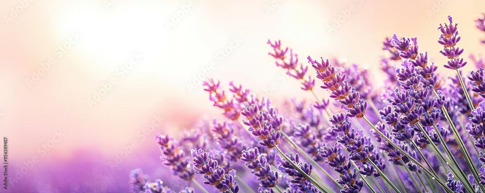 Pastel floral concept. Lavender field blooming beautifully under a soft, pastel sunset sky. Pastel floral concept. Lavender field blooming beautifully under a soft, pastel sunset sky.
