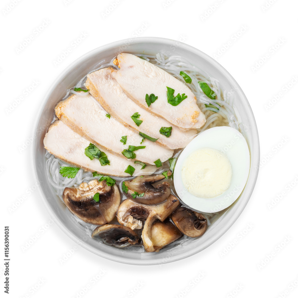 Soup with chicken, egg, mushrooms and noodles, on a white background, isolated. Top view. Soup with chicken, egg, mushrooms and noodles, on a white background, isolated. Top view.