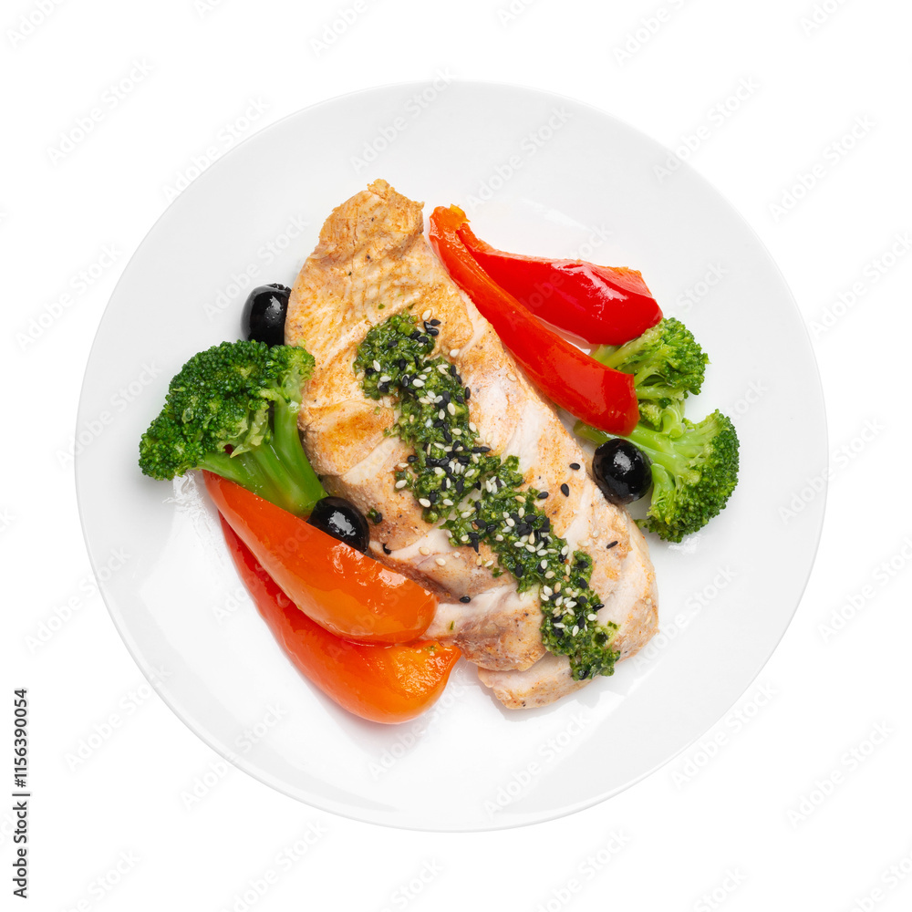 Chicken breast with broccoli and bell pepper, on a white background, isolated. Top view. Chicken breast with broccoli and bell pepper, on a white background, isolated. Top view.