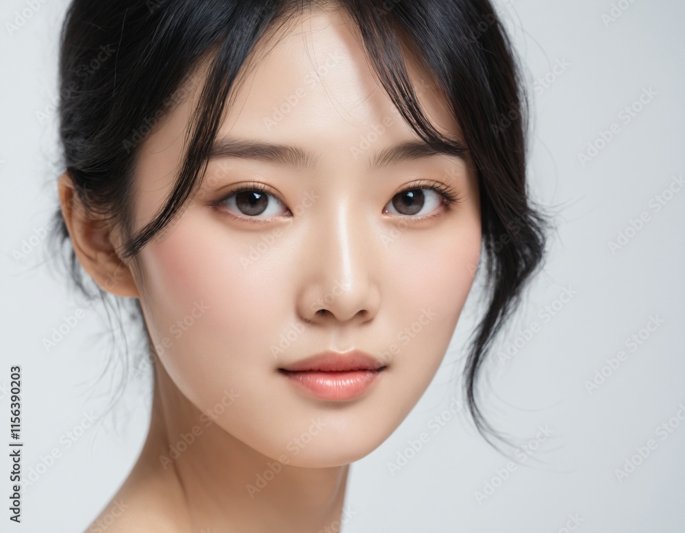 Fototapeta premium Portrait of a beautiful young Asian woman with fresh clean skin and thick black hair