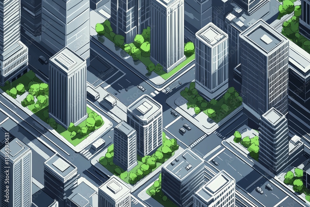 A cityscape with a lot of buildings and trees. The trees are green and are located on the sides of the buildings A cityscape with a lot of buildings and trees. The trees are green and are located on the sides of the buildings