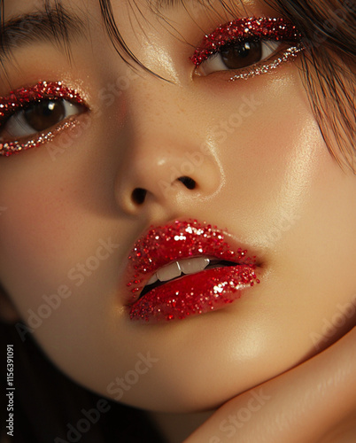 Close-up portrait of a young Asian woman, featuring elaborate makeup.with a slightly inquisitive expression, looking off to the side. Lips are painted a vibrant red photo