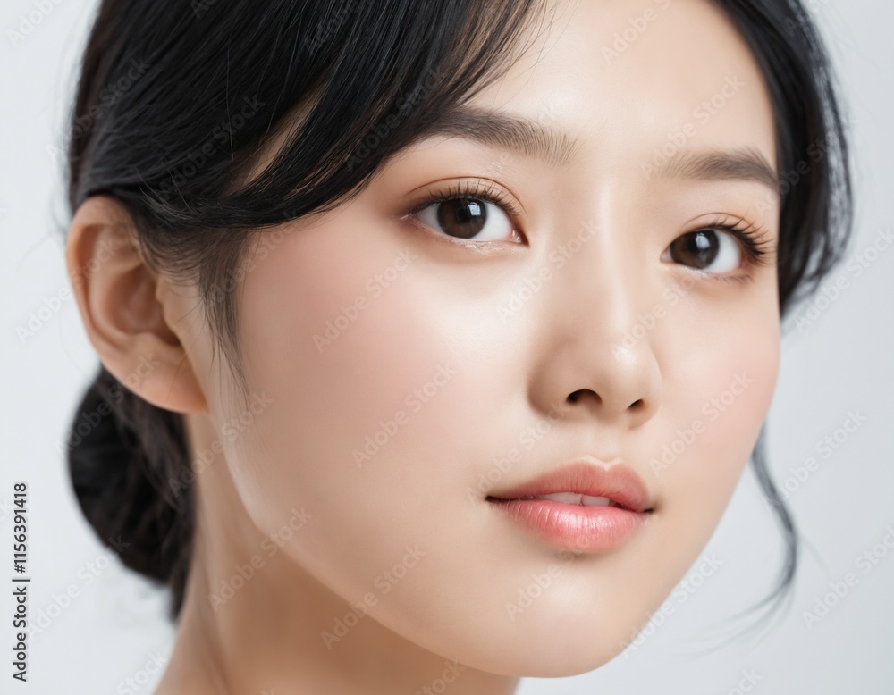 Obraz premium Portrait of a beautiful young Asian woman with fresh clean skin and long thick black hair