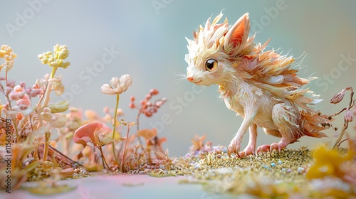 Cute Fantasy Creature in Flower Garden Whimsical Artistic Digital Art