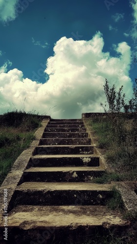 A staircase is shown in front of a cloudy sky. The steps are made of concrete and are visible from the bottom of the stairs photo