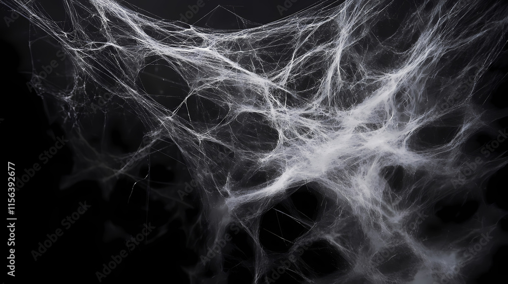 Obraz premium Halloween spider web on black background, creepy cobweb corner design, spooky arachnid silk patterns for horror theme decorations, backdrop for october festivities. Silken. Illustration