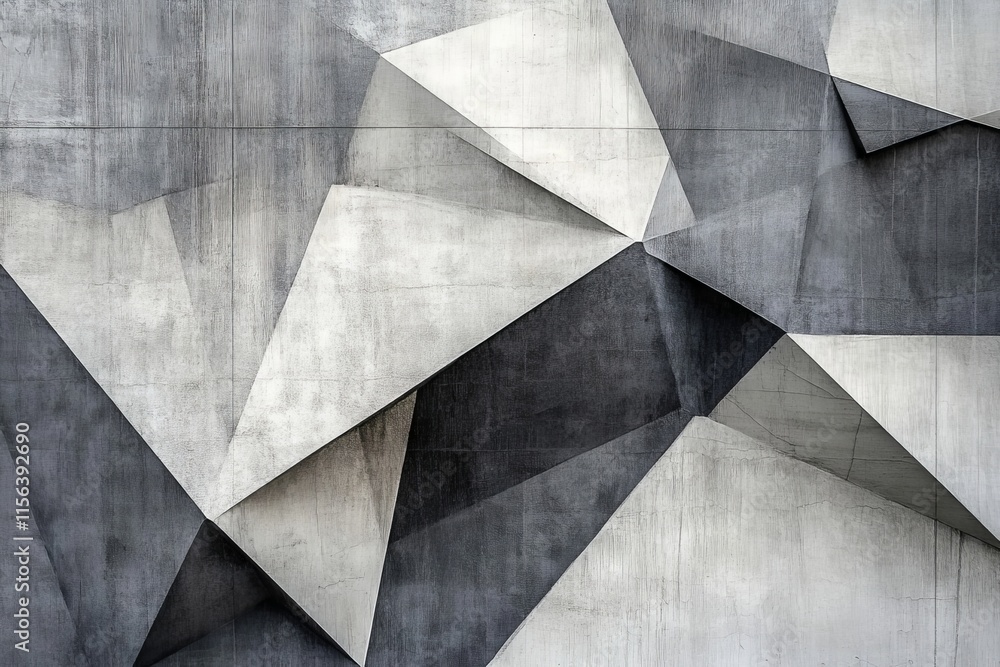 Abstract geometric concrete wall featuring modern triangular patterns in shades of gray, ideal for architectural and design backgrounds. Abstract geometric concrete wall featuring modern triangular patterns in shades of gray, ideal for architectural and design backgrounds.