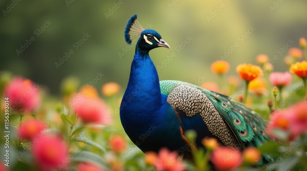 Obraz premium A majestic peacock stands amidst a sea of vibrant blossoms, its resplendent plumage unfurled, as it gazes off to the side with reg 