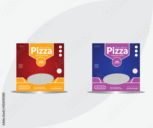 Social media post template.Square graphic banners for online advertisement and digital Marketing. Vector illustration with photo college. Unique Editable Modern Social Media post for pizza or food