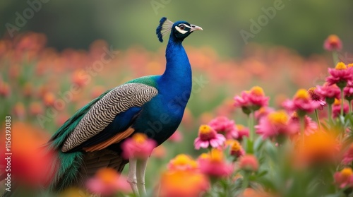Wallpaper Mural A majestic peacock stands amidst a sea of vibrant blossoms, its resplendent plumage unfurled, as it gazes off to the side with reg  Torontodigital.ca