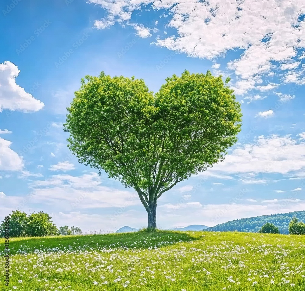 Heart-shaped tree surrounded by lush grass and white flowers under a clear blue sky, creating a serene natural landscape. Heart-shaped tree surrounded by lush grass and white flowers under a clear blue sky, creating a serene natural landscape.