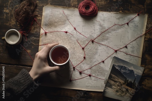 A serene setup with a hand gently holding a teacup while another maps out a route using pins and red rope, all on a dark wooden surface with nature photography scattered. photo