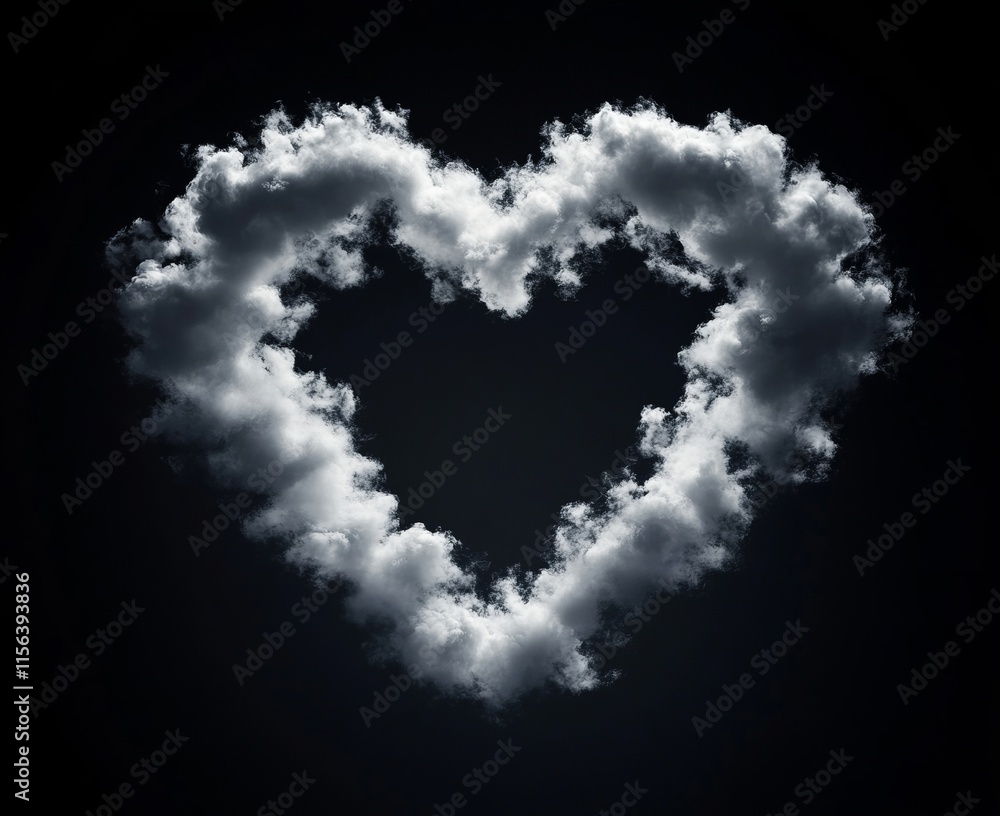 White cloud in the shape of a heart isolated on a black background, symbolizing love and creativity. White cloud in the shape of a heart isolated on a black background, symbolizing love and creativity.