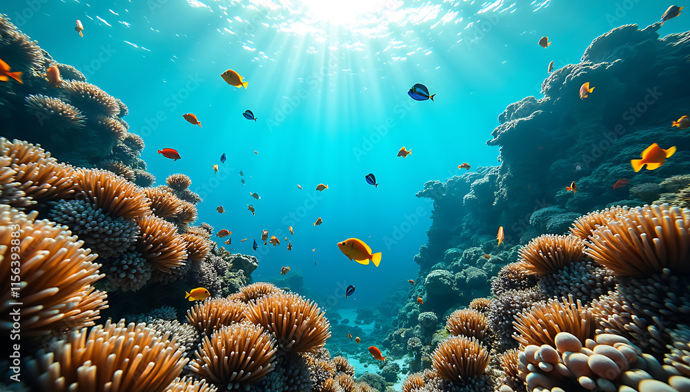 Fototapeta premium Underwater view of a coral reef teeming with colorful fish and marine life, with sunlight streaming through the crystal-clear water.