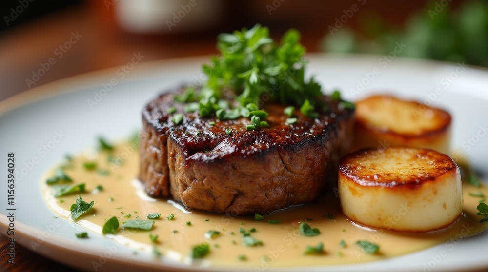 Delicious Iron Grilled Bavette Steak Served with Creamy Whiskey Sauce on a White Plate with Fresh Chopped Herbs for a Gourmet Experience Delicious Iron Grilled Bavette Steak Served with Creamy Whiskey Sauce on a White Plate with Fresh Chopped Herbs for a Gourmet Experience