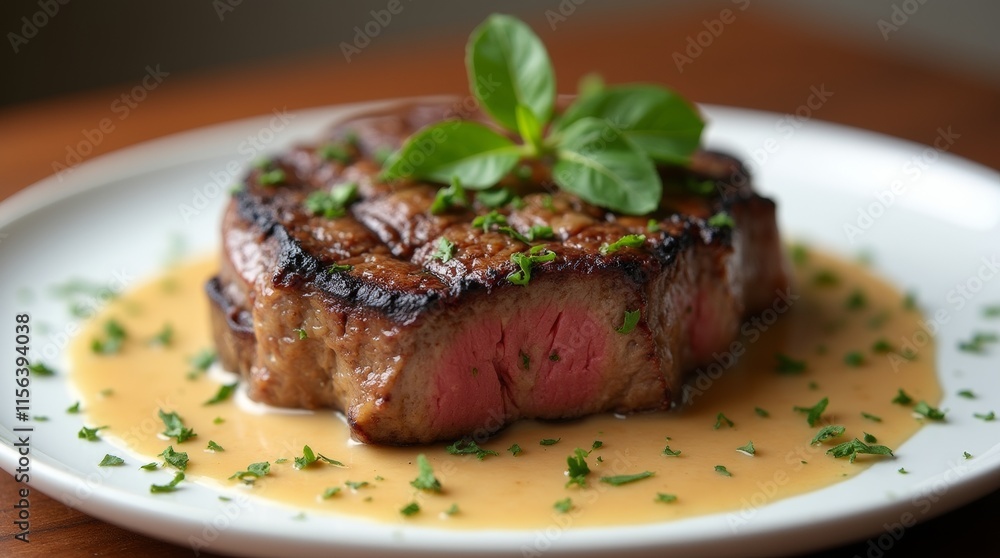 Delicious Iron Grilled Bavette Steak Served with Creamy Whiskey Sauce on a White Plate with Fresh Chopped Herbs for a Gourmet Experience Delicious Iron Grilled Bavette Steak Served with Creamy Whiskey Sauce on a White Plate with Fresh Chopped Herbs for a Gourmet Experience