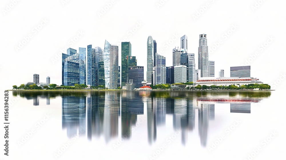 Fototapeta premium Urban Skyline Reflections: A vibrant cityscape with towering skyscrapers and glassy facades reflected in a tranquil body of water, showcasing a modern architectural marvel against a clear.