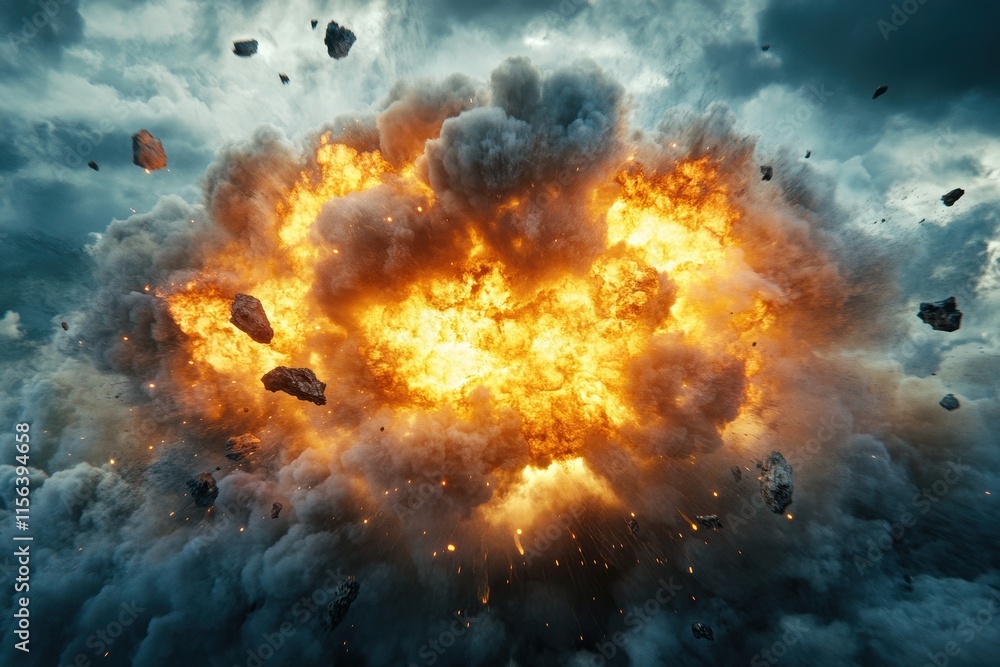 Fototapeta premium Massive explosion with fiery debris and smoke. Ideal for illustrating destruction, disaster, or power.