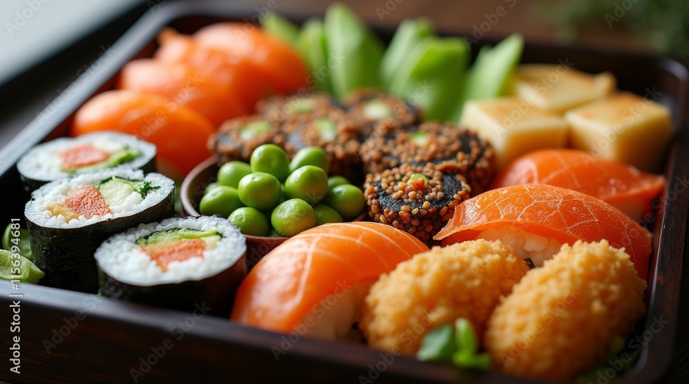 bento box with sushi rolls, edamame, and tempura vegetables bento box with sushi rolls, edamame, and tempura vegetables