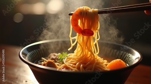 Backlit shot of hot steaming fresh prawn Ramen noodles in a black ceramic soup bowl, with a prawn and some noodles being held up by chopsticks, ready to be eaten. 