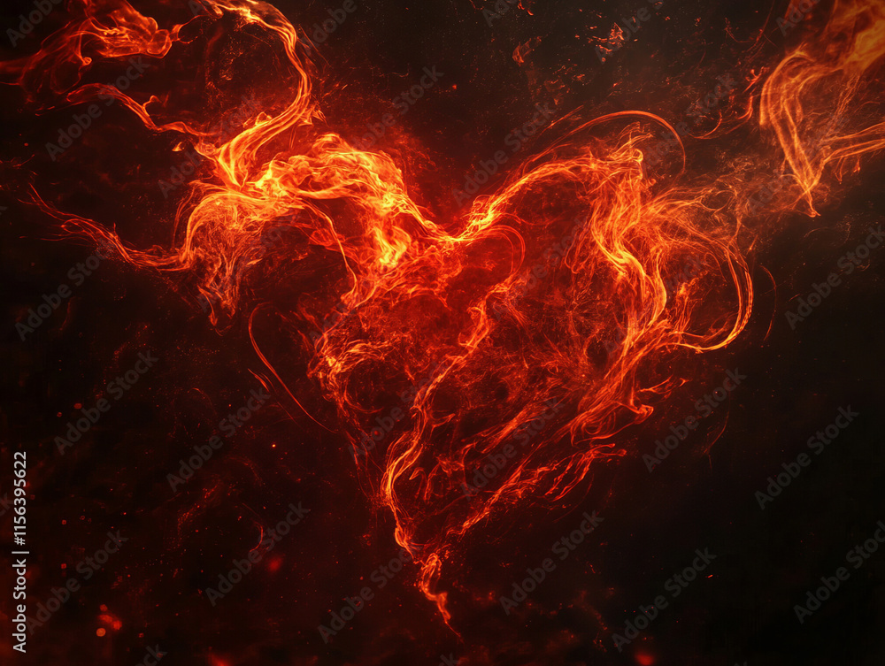 Vibrant heart-shaped flames and smoke glowing against a dark background, representing passion and energy. Vibrant heart-shaped flames and smoke glowing against a dark background, representing passion and energy.