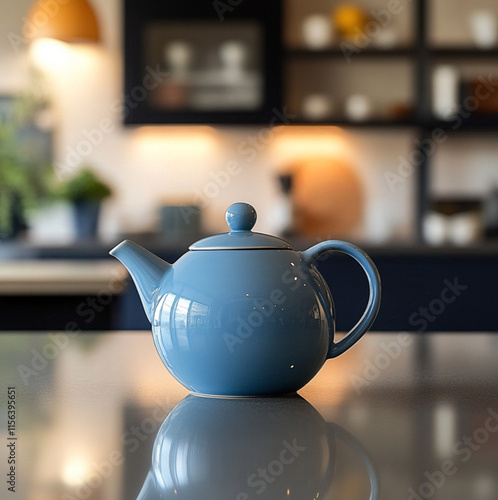 product photo of teapot in modern kitchen interior, blue color, glossy surfaces, beautiful lines, high tonal range, soft expression, smooth polished surfaces, evening coziness atmosphere photo