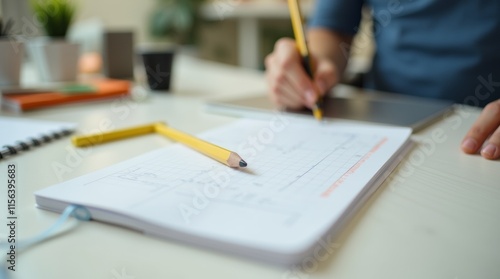 Close up view of an office desk featuring a notebook and pencil, perfect for showcasing the essentials of workspace organization.