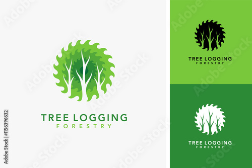 Tree in saw blade for tree logging logo design photo