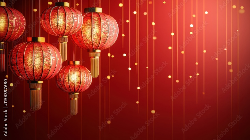 Vibrant Red Background with Delicate Golden Lanterns Hanging in Celebration Vibrant Red Background with Delicate Golden Lanterns Hanging in Celebration